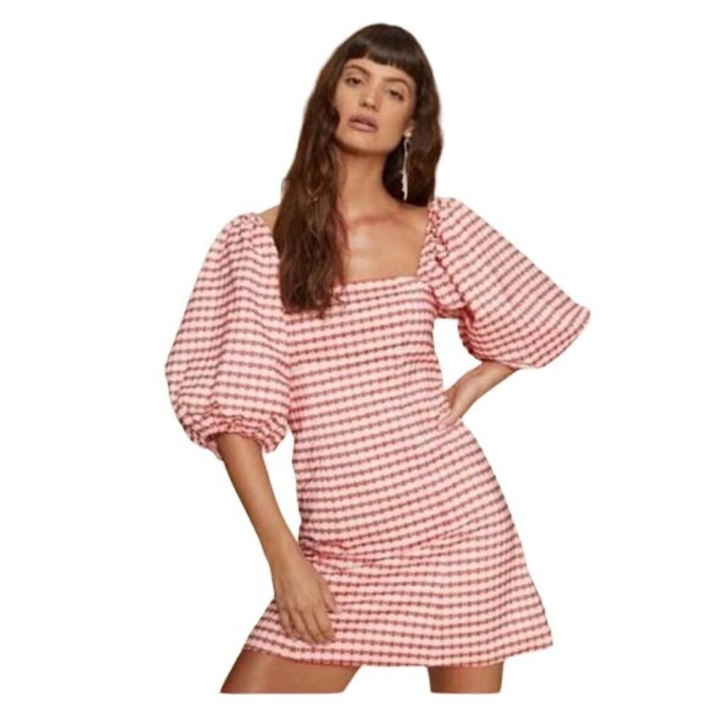 LPA Revolve Carly Dress Gingham Red Hearts Balloon Sleeves Lined Size Small